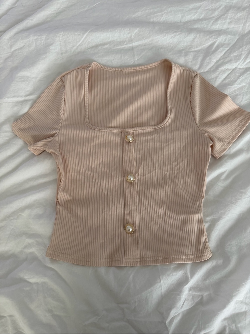 Pearl-Button Blush Ribbed Square-Neck Top